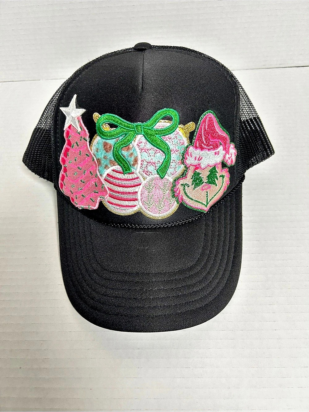 Black Grinch and holiday Trucker Hat with Embroidery Like New